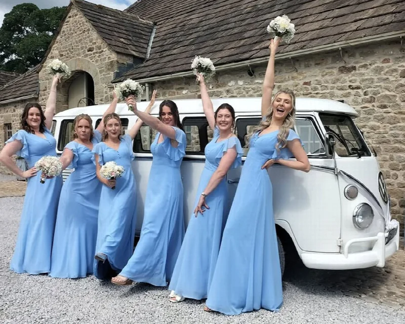 Classic VW Campervan with Bridesmaids cheering