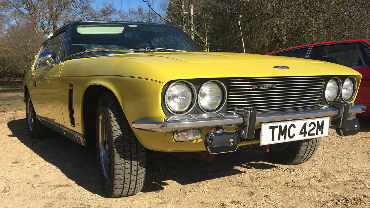 Yellow Jensen Interceptor Classic Groom's Wedding Car Hire in Hampshire