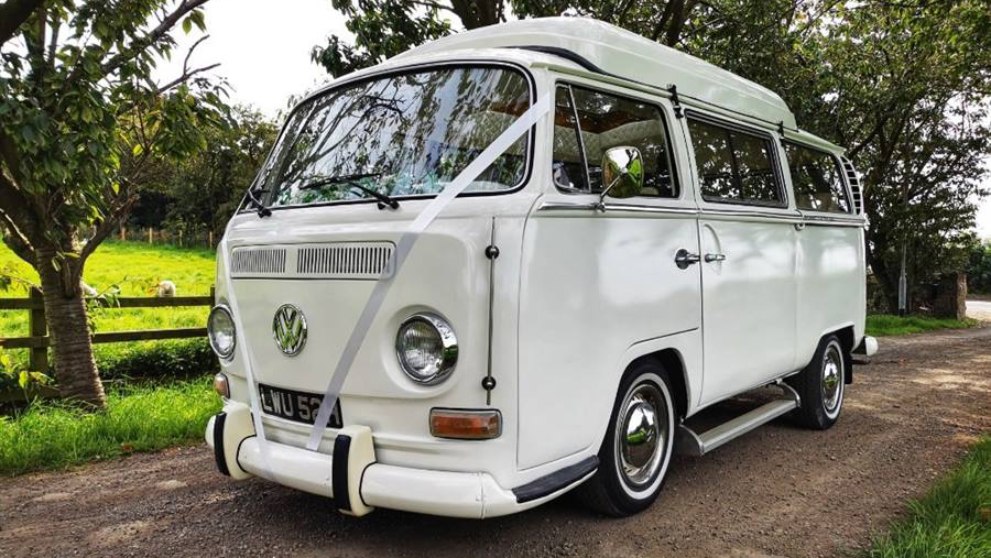 Volkswagen Bay Window Campervan wedding car for hire in Leeds, West Yorkshire