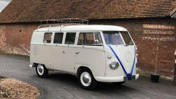 Volkswagen Split Screen Campervan wedding car for hire in Milton Keynes, Buckinghamshire