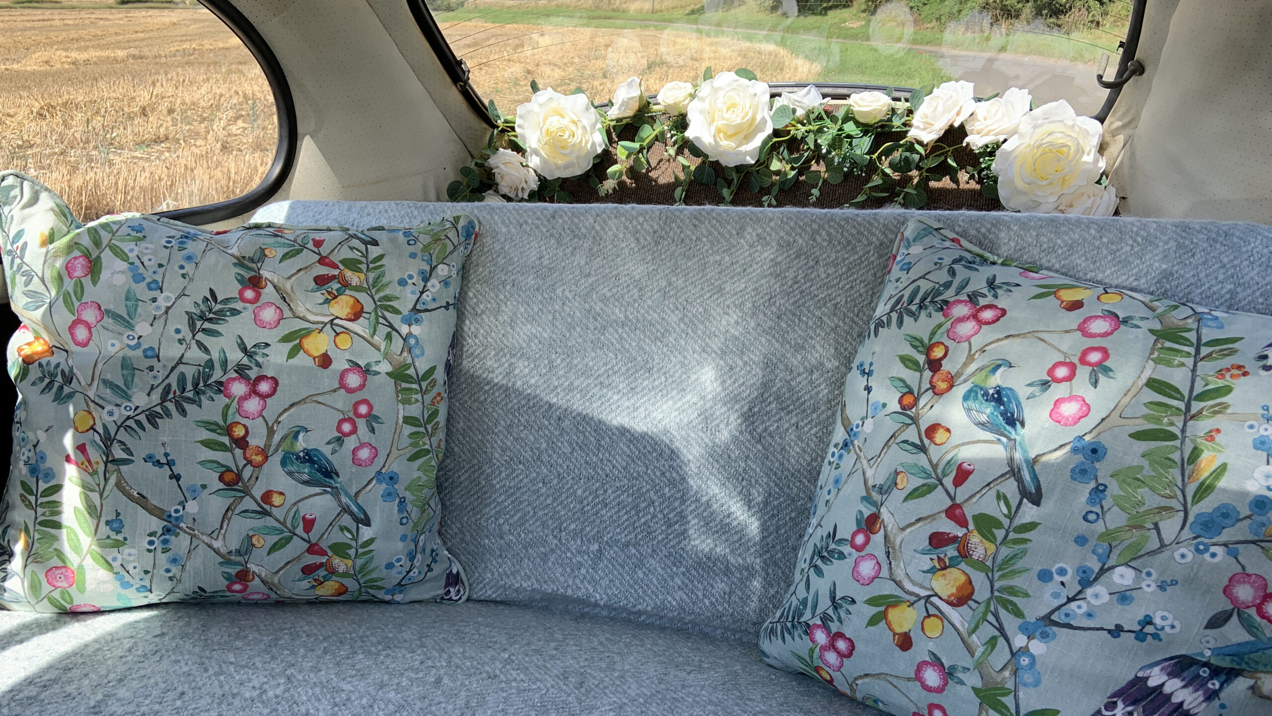 Classic Beetle rear interior view with Cushions and Flower Decoration