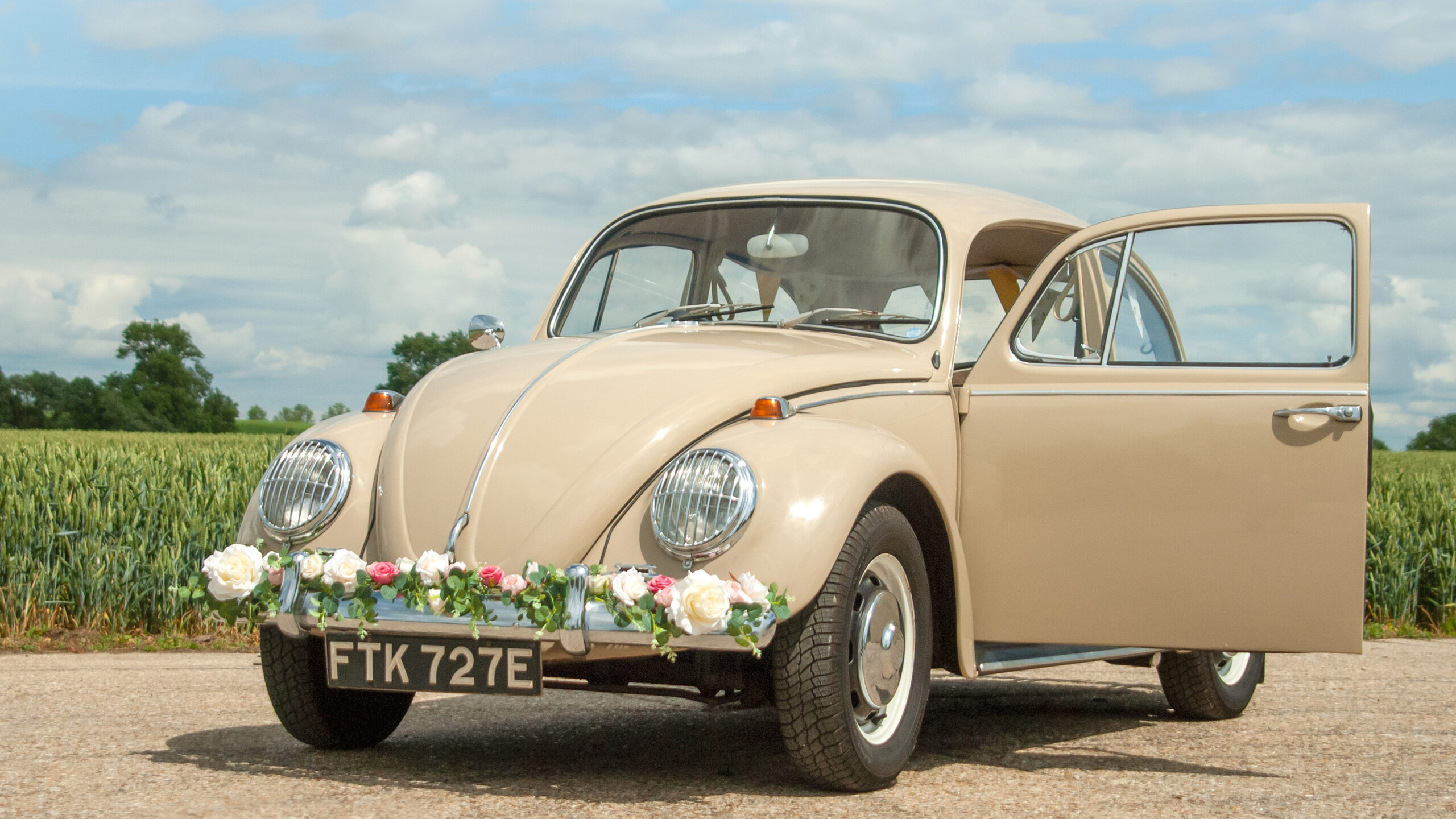 Side View Volkswagen Beetle with Wedding Decoration