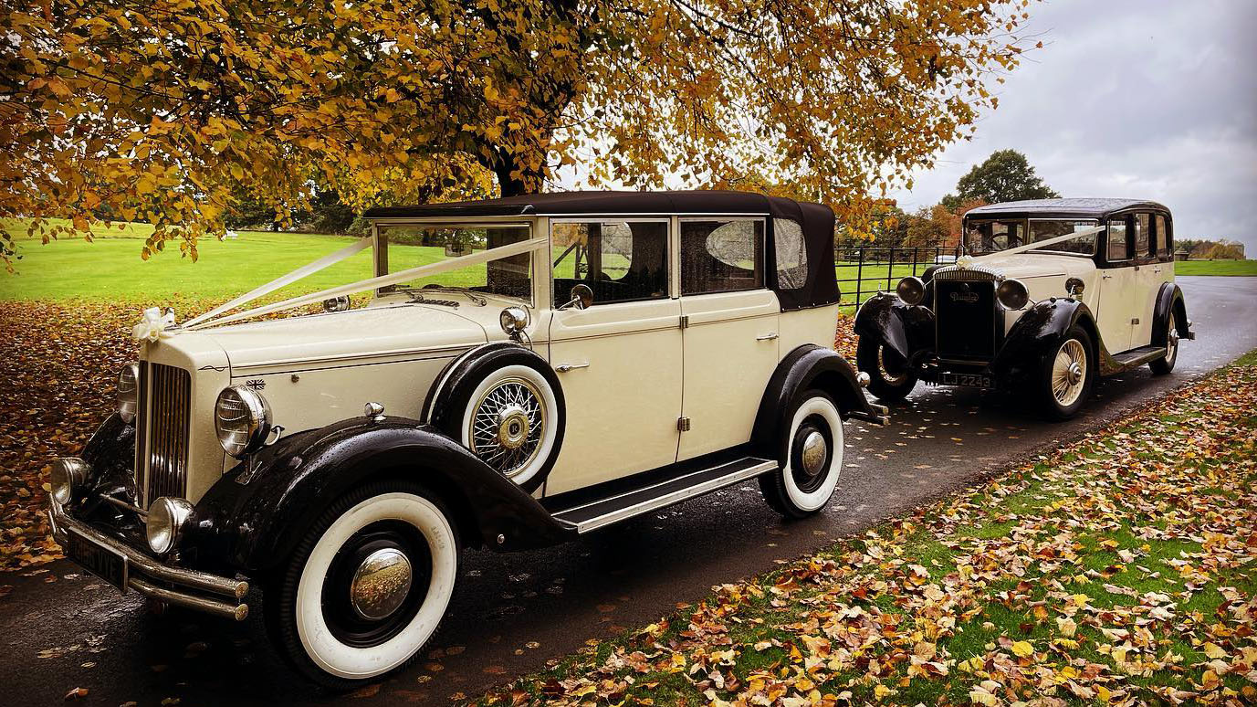 Two Vintage car with autumn background were booked for a wedding in Sheffield. 