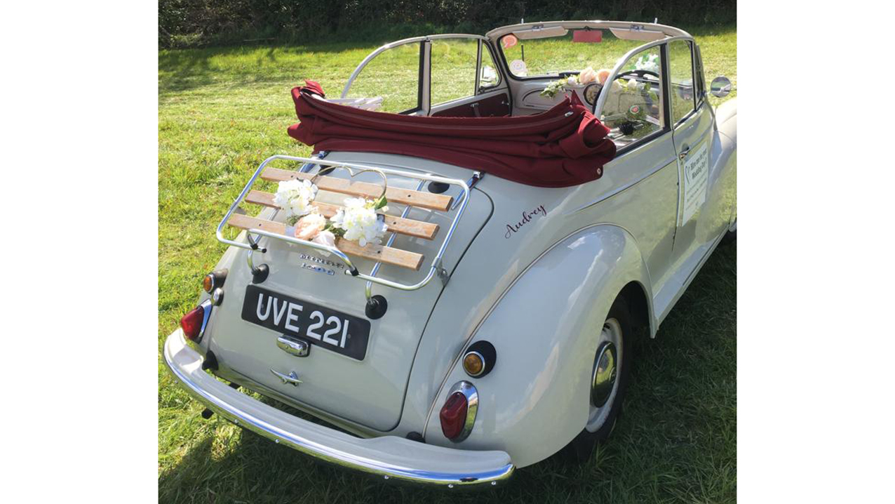 Morris Minor rear side view with flowe decoration