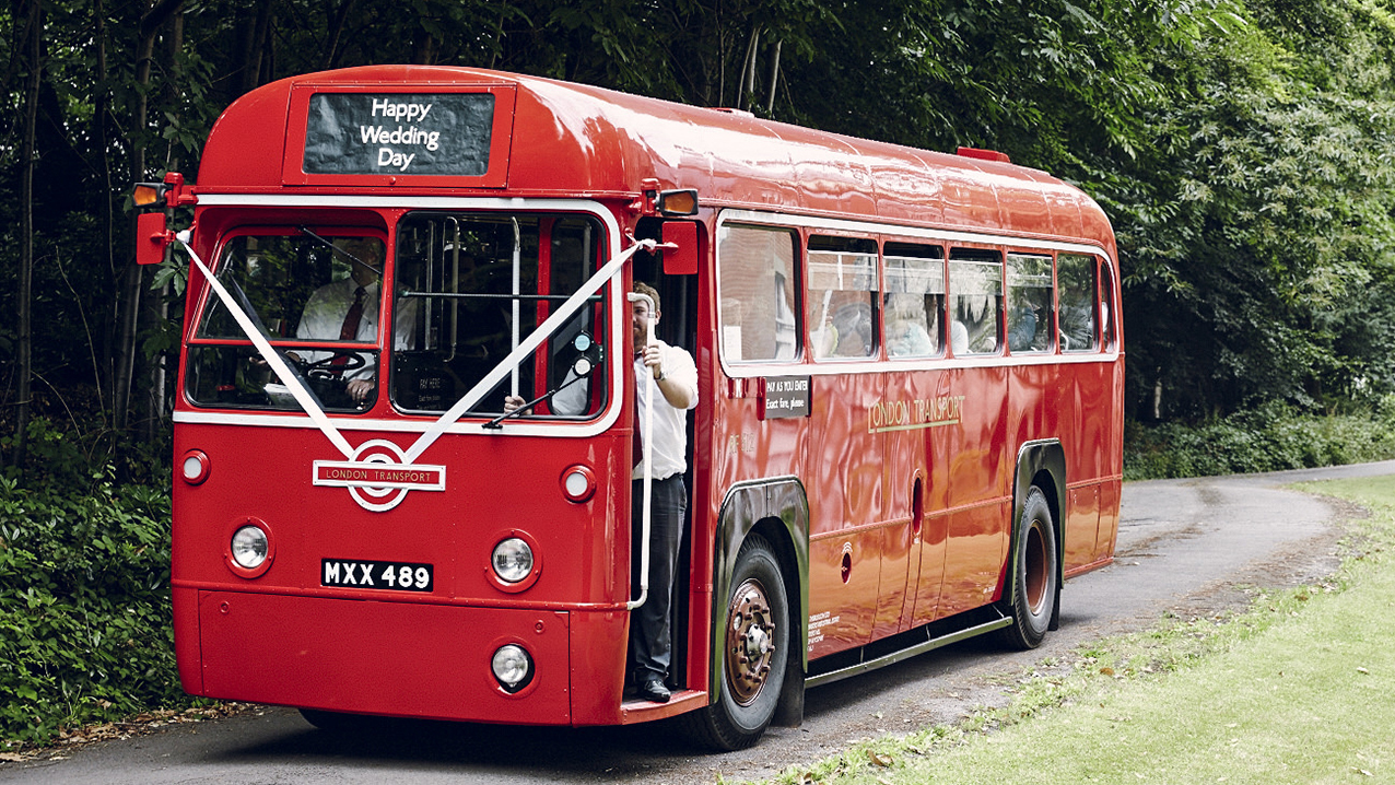 Vintage Red Bus with Wedding Decoration