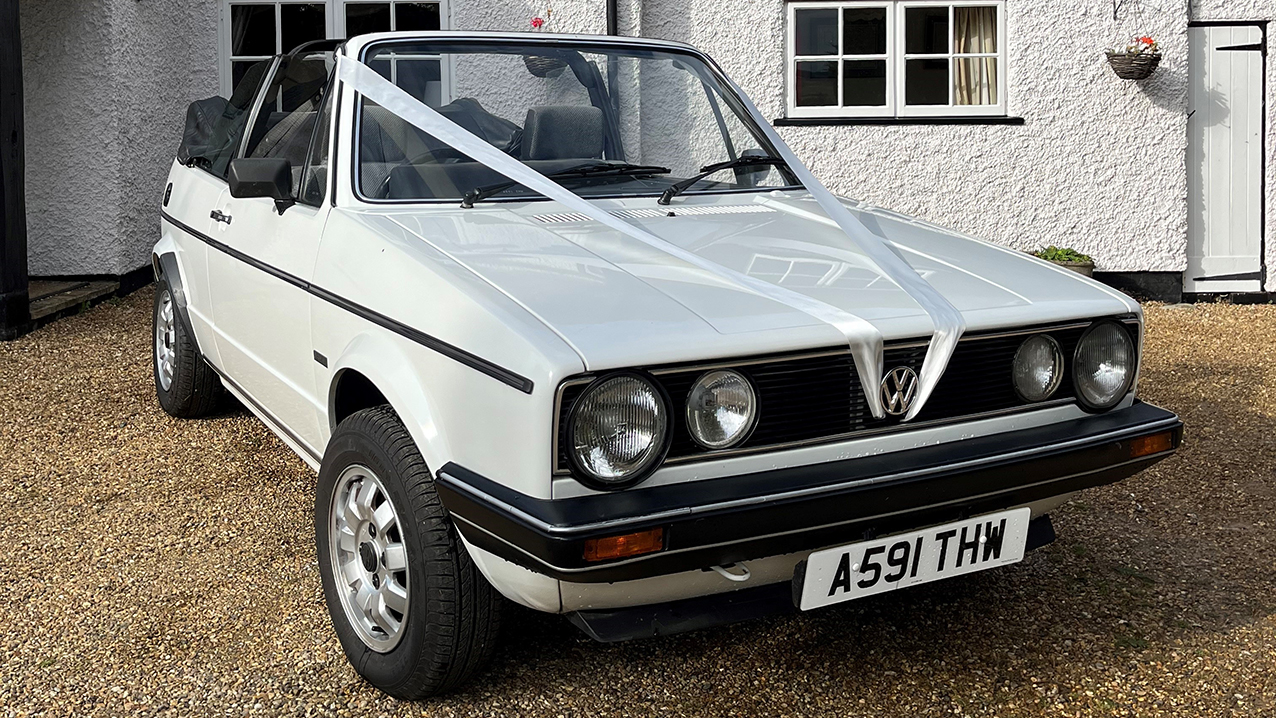 Volkswagen Golf Cabriolet Mk1 wedding car for hire in Hitchin, Hertfordshire