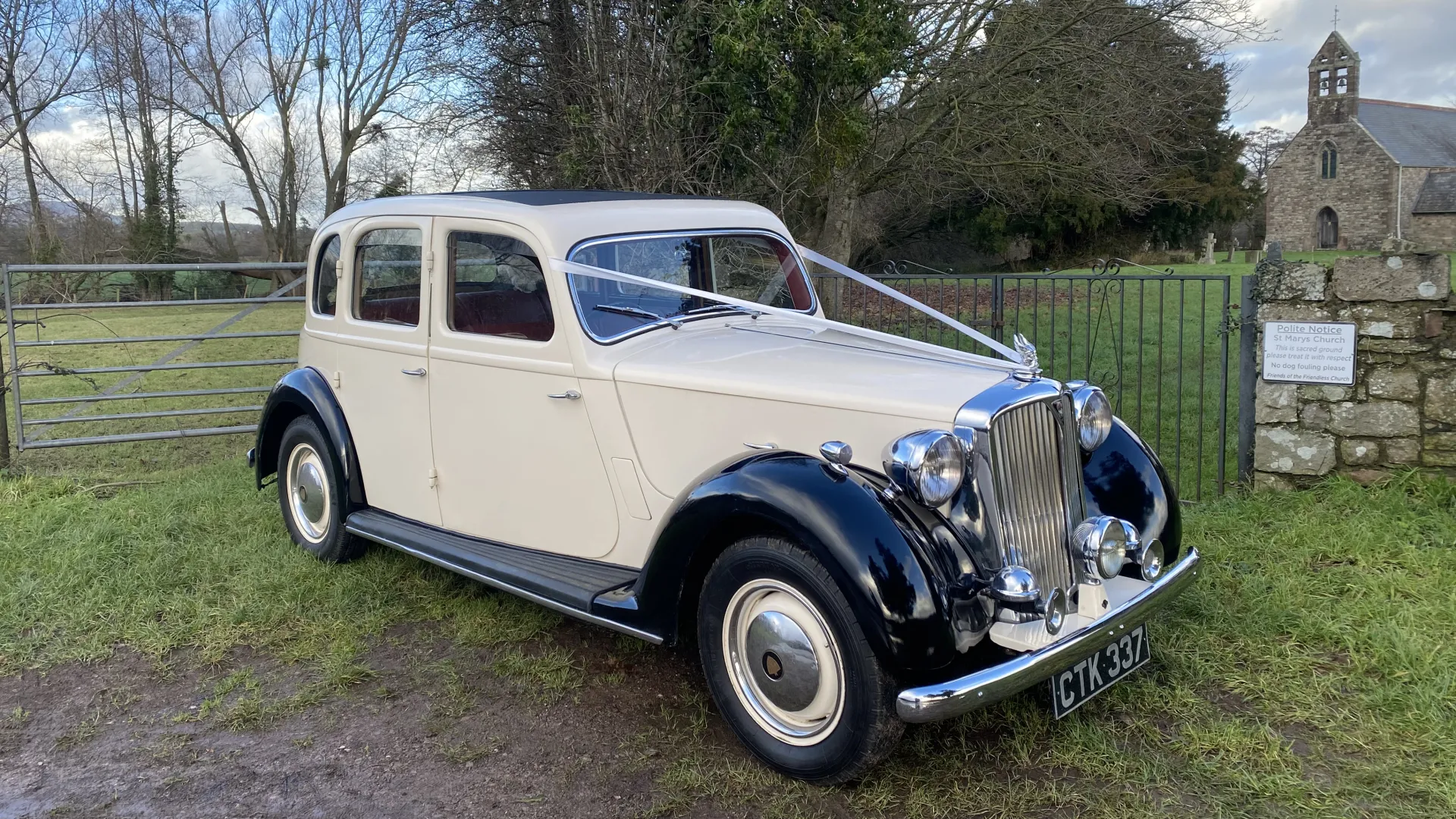 Black & Ivory Rover dressed with traditional white wedding ribbons waiting in front of church