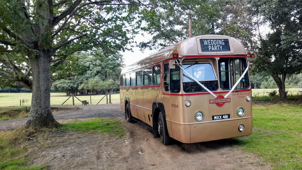 AEC Single Decker bus in Gold dressed with white ribbons at the front