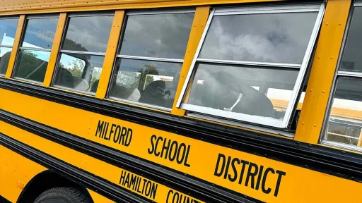 Close up to the Yellow American Bus signs