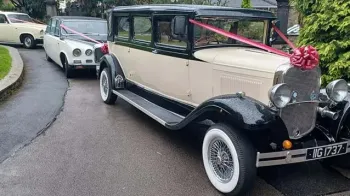 Side view of Black & Ivory Bramwith dressed with Burdungy and bow on front Bonnet