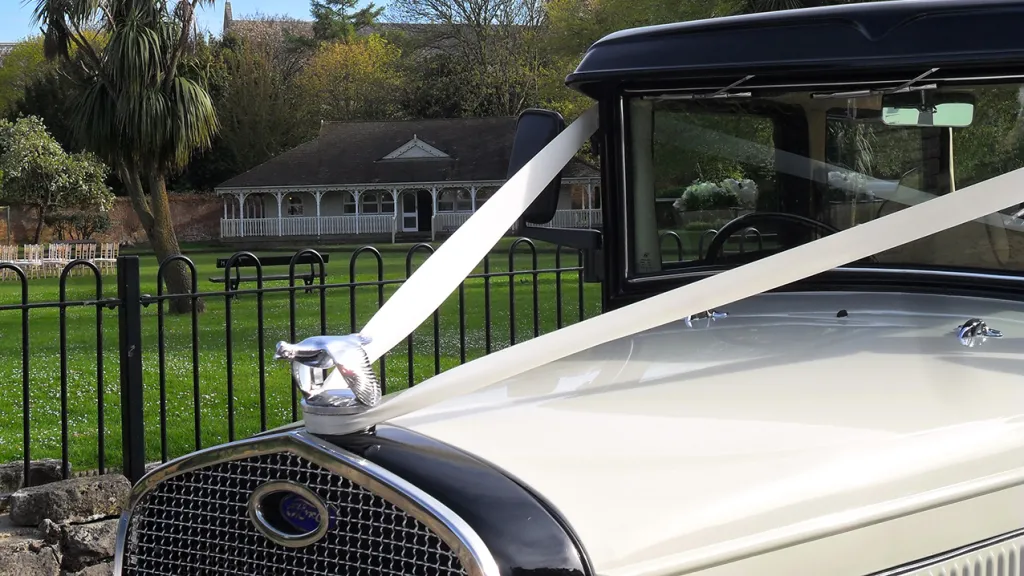Front Bonnet with White Wedding Ribbons