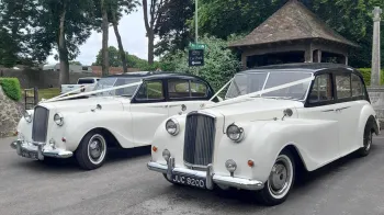 Two Classic Asutin standing next to each others decorated with ribbons