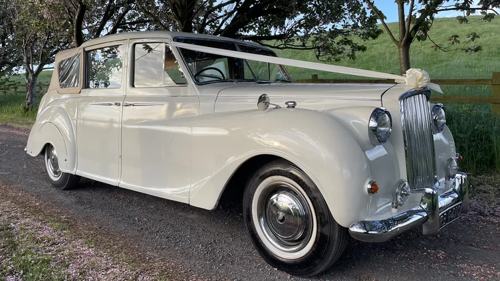 Convertible Classic austin Princess with White Ribbons across the front bonnet. Cream Soft-Top Roof is up.