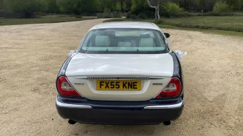 Rear view of Daimler Super showing the white top roof. Forest Background