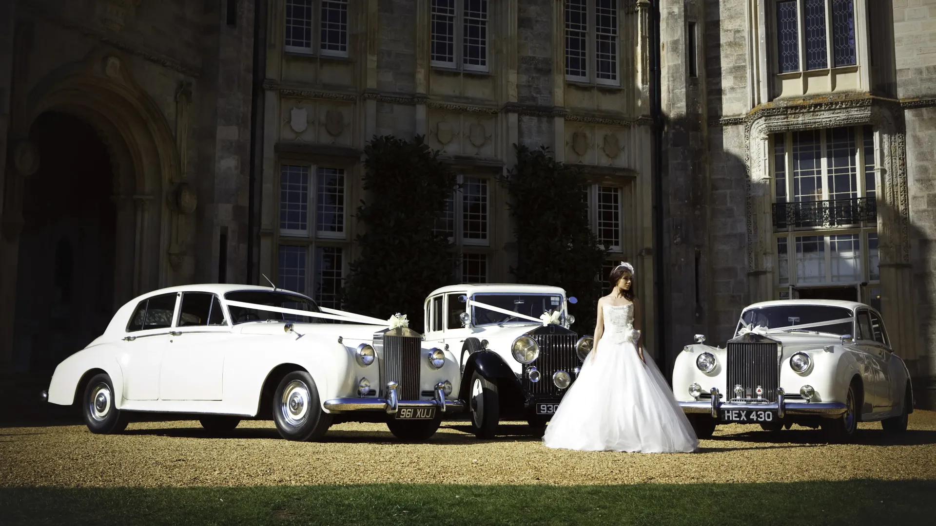 Selection of 3 Classic and Vintage Rolls-Royce Wedding Cars decorated with matching white ribbons and Bride standing in the middle of the vehicles in her large white wedding dress.
