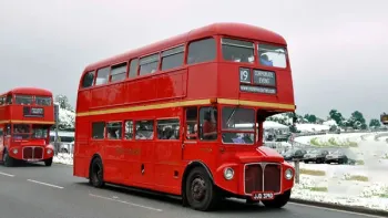 Right side of Routemaster bus in a Winter Snow background