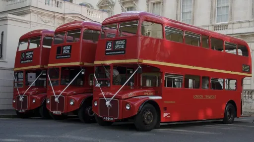 Three identical 72-seats Routemaster buses decorated with White Ribbons parked side-by-side