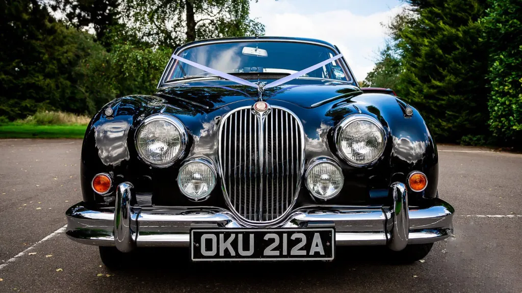 Fronr vioew of Black Jaguar iconic chrome grill with Ribbons