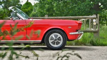 fron bonnet view of Red Mustang