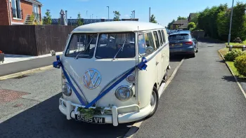 Classic VW campervan decorated with Royal Blue ribbons and bows