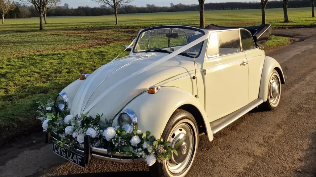 Classic VW Beetle decorated with white flowers and foliage attached to its front chrome bumper and white ribbons. Soft top roof is open. Photo taken at sunset.