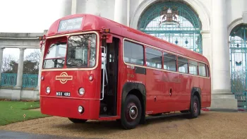 Vintage Single Decker Red Wedding Bus with front door open
