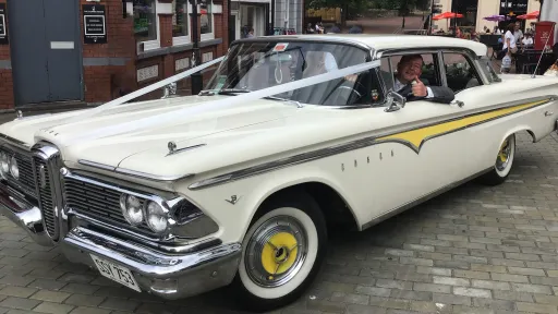 Ford Edsel decorated with white ribbons