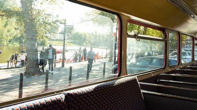 view through the windows of an old Routemaster Bus