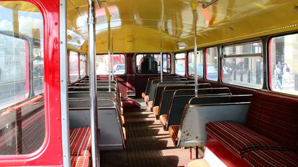 Interior of an old vintage Routemaster wedding bus