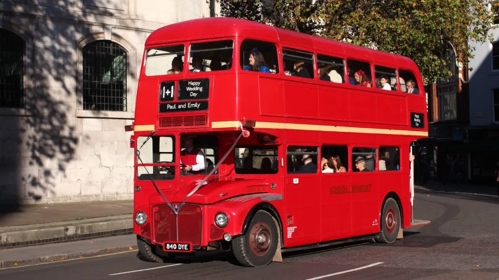 Double Decker red bus with Blue Wedding Ribbons