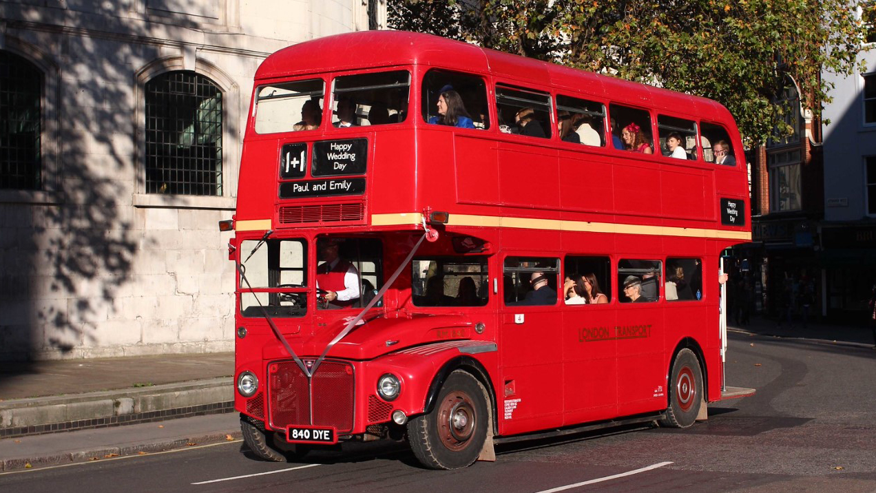 Double Decker red bus with Blue Wedding Ribbons