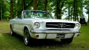 Right front view of classic american ford mustang with convertible roof down parked in a green forest