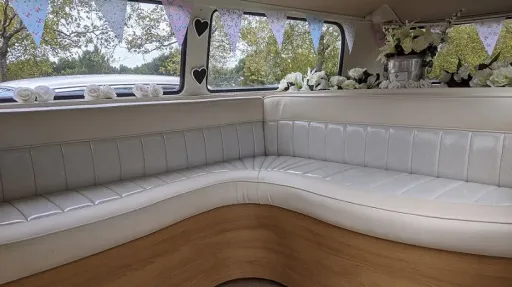 white leather interior inside a classic vw Campervan