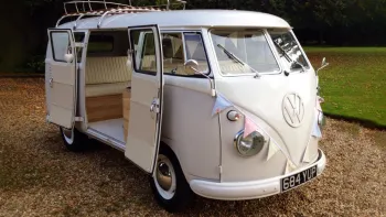 Classic Volkswagen splitscreen Campervan in two-tone White and Cream with rear double door open