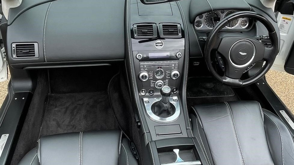 Aerial view of Black leather interior inside Aston Martin Vantage