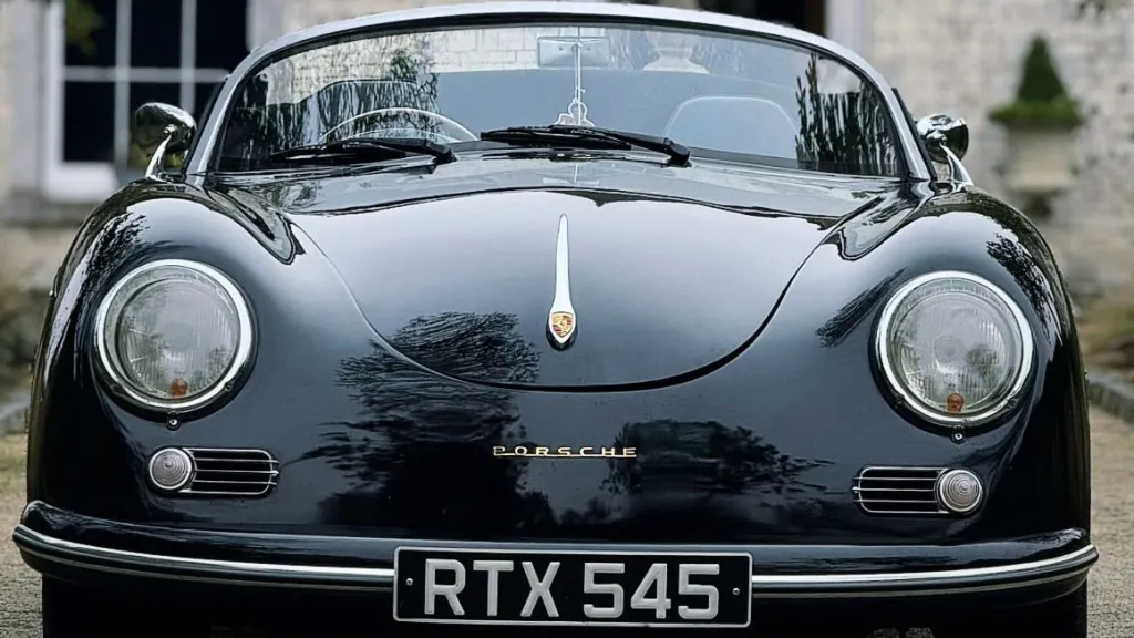 Front bonnet close-up view of a black Porsche