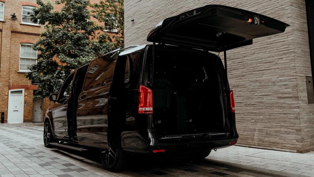 Black Mercedes V-class rear view with large boot open