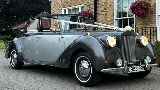 Left side view of a two-tone silver vintage Royale Windsor with landaulette roof open and decorated with white wedding ribbons.