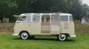 Left side view of Classic Volkswagen Campervan in White & Cream with rear passenger door open
