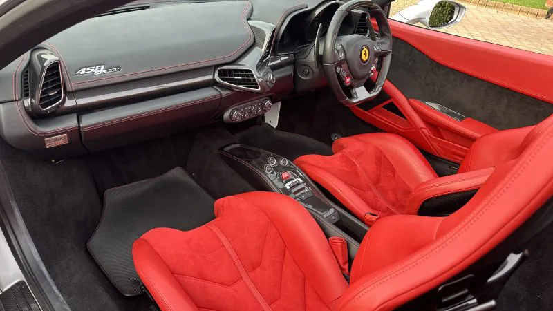 aerial view of interior seats in Red leather with Charcoal dashboard