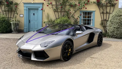Silver Lamborghini Aventador with purple wedding ribbons, parked in front of a quaint country house