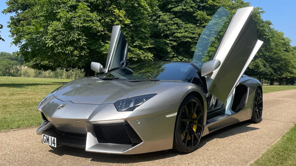 Silver Lamborghini Aventador with iconic scissor doors open, parked on a countryside driveway