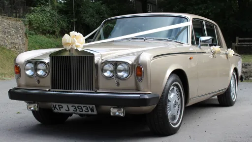 Rolls-Royce Silver Shadow in champagne gold coachwork with a large Ivory bow on top of the large chrome front grill
