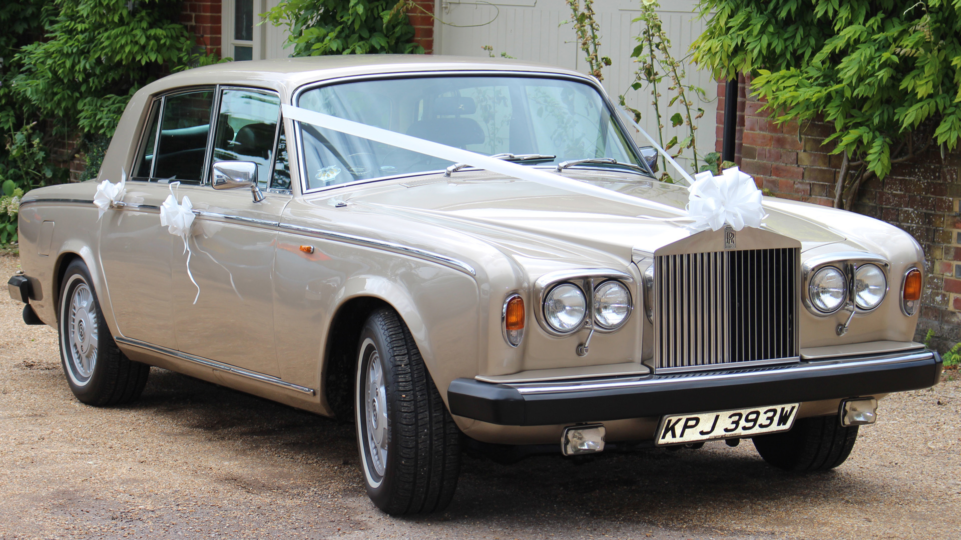 Champagne Gold classic Rolls-Royce Silver Shadow with white ribbon and bows on the door handles