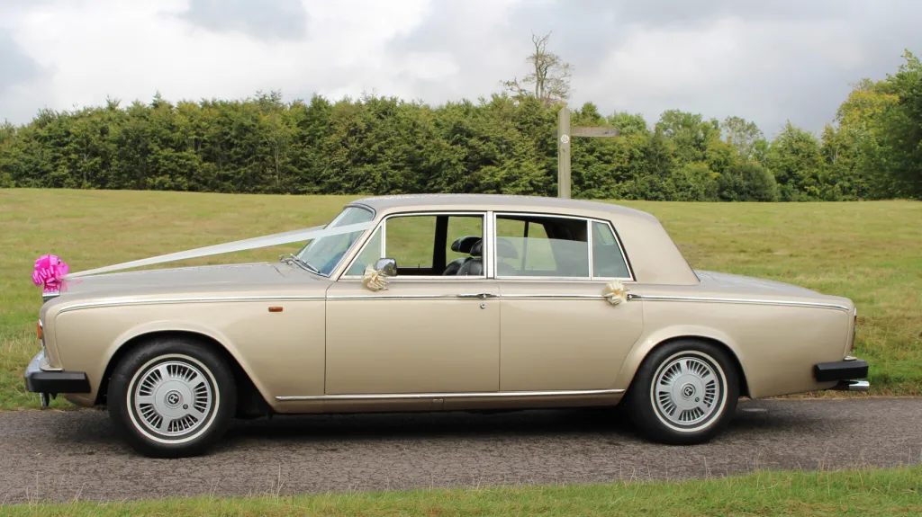 left side view of champagne gold Rolls-Royce Silver Shadow decorated with white ribbons and a large pink bow at the front