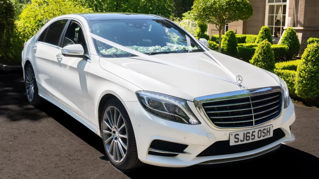 Front right side view of a White Mercedes S-class dressed with White Wedding Ribbons, Chrome alloy wheels parked in the street with green bushed in the background