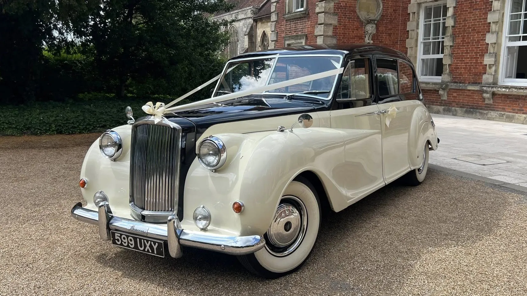 Austin Princess Limousine in Ivory with Black bonnet and roof decorated with Ivory Ribbons and bows, large white wall tires, chrome front bumper. Parked in front of wedding venue