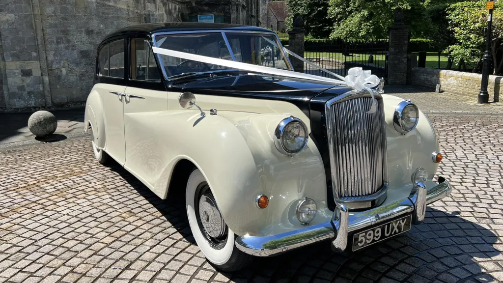 Austin Princess Limousine right side view in ivory and black top roof and bonnet dressed with white ribbons and bows