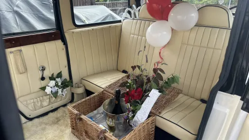 Bramwith interior in cream leather and decorated with wihite and red balloons