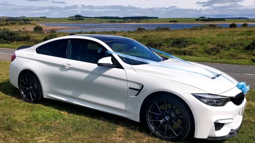 White modern BMW dressed with light blue ribbons parked on green grass with lac in the background